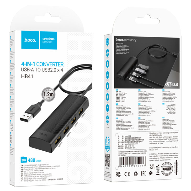 Hoco (HB41) - Hub USB, MultiPhoneort, USB-A la 4 x USB-A 2.0, 480Mps, 1.2m, Black