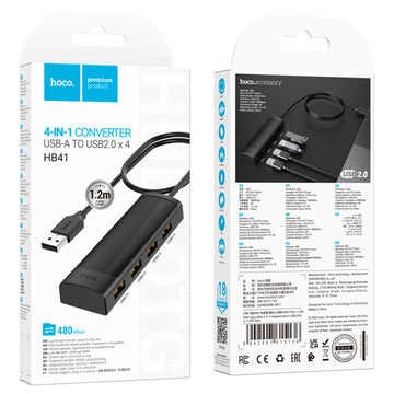 Hub USB Hoco HB41, Multiport, USB-A la 4 X USB-A 2.0, 480Mps, 1.2m - Negru