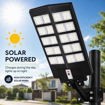 Lampă stradală solară LED 1000W cu telecomandă, senzor de mișcare, panou solar, protecție IP67, negru