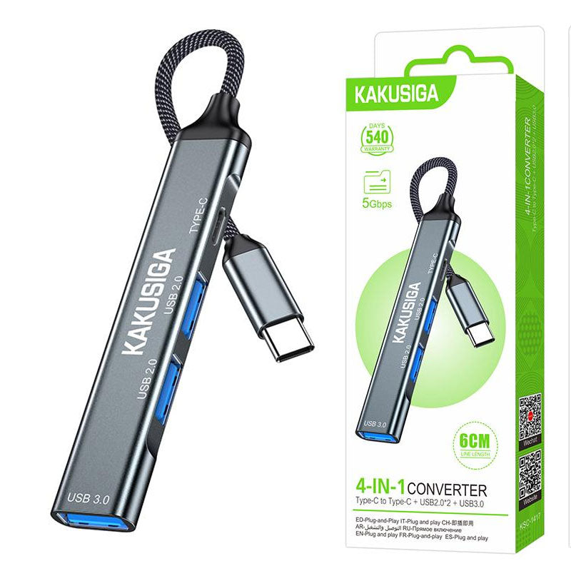 Kaku (KSC-1417) - Adaptor MultiHub USB, USB-C la 1xUSB-C, 1xUSB 3.0, 2xUSB 2.0, 4in1, 60cm, Grey