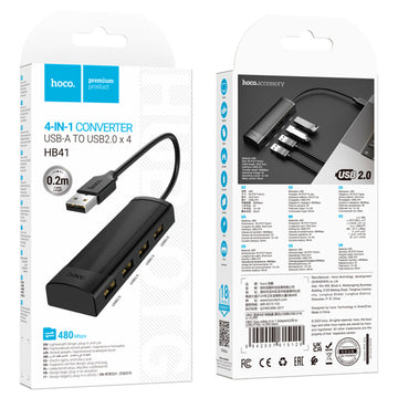Hub USB Hoco HB41, Multiport, USB-A la 4 X USB-A 2.0, 480Mps, 20cm - Negru