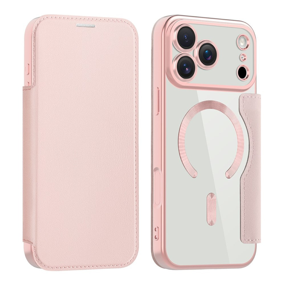 Husa MagFlip pentru iPhone 17 Pro Max, Magnet, RFID Protect, Piele, Chrome Edge - Roz
