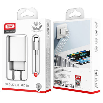 Incarcator Retea + Cablu USB-C XO L101, 20W, 2xUSB-C, 1xUSB-A, PD, QC 3.0 - Alb