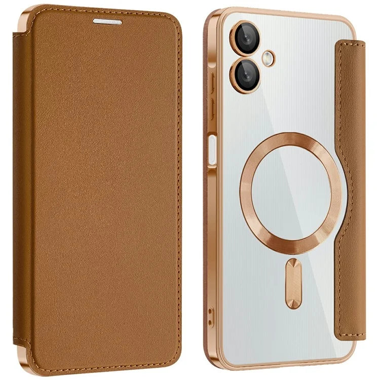 Husa MagFlip - Samsung A06, Magnet, RFID protect, Leather, Chrome Edge, Gold