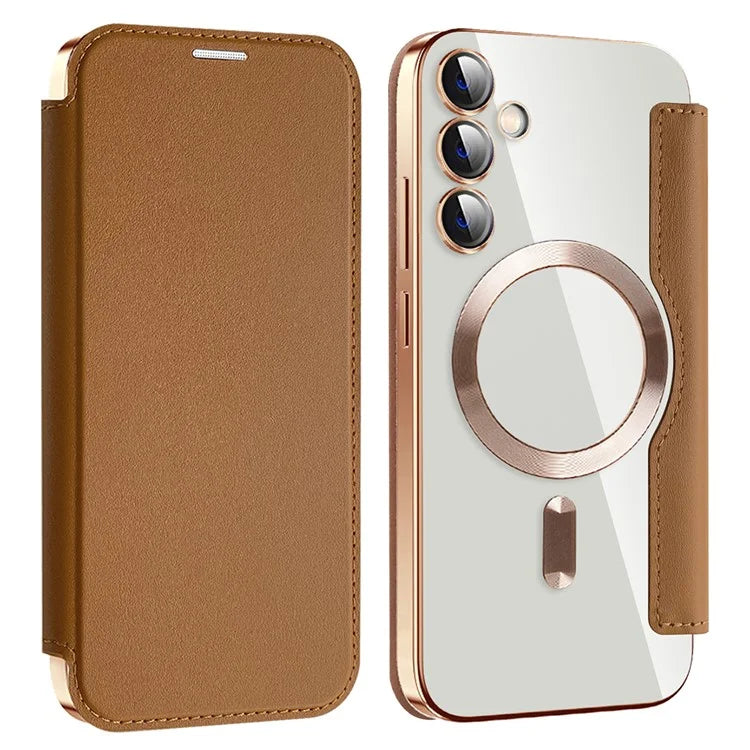 Husa MagFlip - Samsung S23 FE, Magnet, RFID protect, Leather, Chrome Edge, Gold