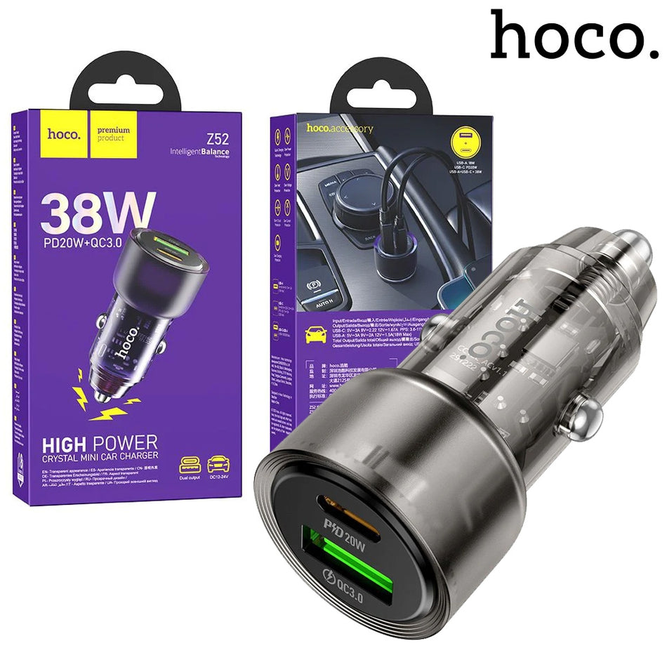 Hoco (Z52) - Incarcator Auto, 38W, 1xUSB-C, 1xUSB QC3.0, Fast, CLEAR/Black