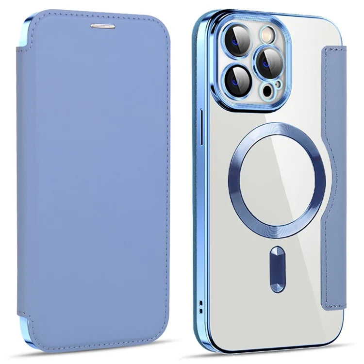Husa MagFlip - iPhone 14 Pro Max, Magnet, RFID protect, Leather, Chrome Edge, Sky Blue