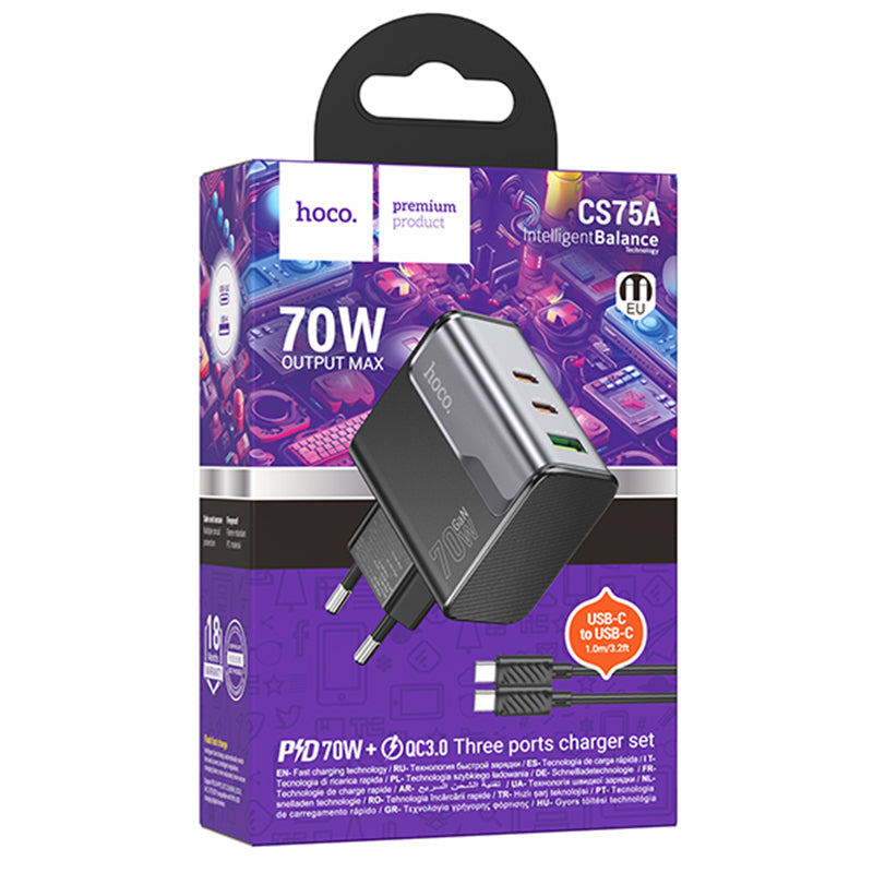 Hoco (CS75A) - Incarcator Retea + Cablu USB-C, 1m, (PD70W+QC3.0) - 2xUSB-C, 1xUSB, FastCharge, Black