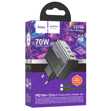 Incarcator Retea + Cablu USB-C Hoco CS75A, 1m, PD70W+QC3.0, 2xUSB-C, 1xUSB, FastCharge - Negru