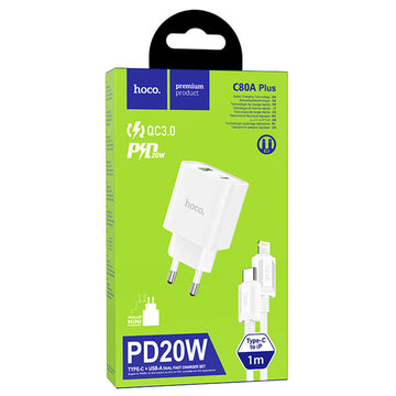 Incarcator Retea + Cablu Lightning Hoco C80A Plus, 20W, 3.1A, 1xUSB-C, 1xUSB-A, QC 3.0 - Alb