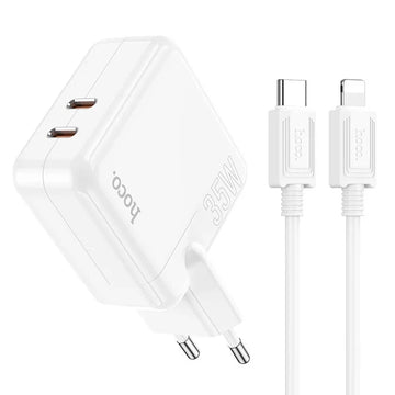 Incarcator Retea + Cablu Lightning Hoco C110A, 35W, 2xUSB-C, PD - Alb