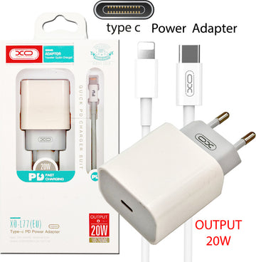 Incarcator Retea + Cablu Lightning XO L77, 20W, 1xUSB-C, PD - Alb