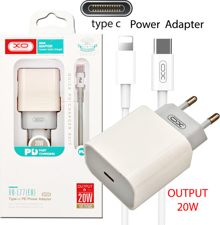 XO (L77) - Incarcator Retea + Cablu Lightning, 20W, 1xUSB-C, PD, White