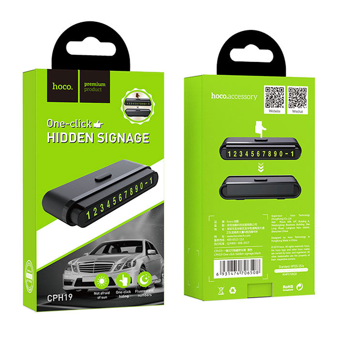 Placuta numar de telefon pentru parcare Hoco CPH19, montaj pe bord, ascundere One-Click, cifre fluorescente - Negru