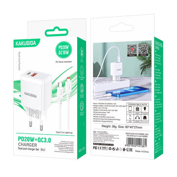 Incarcator Retea + Cablu Lightning Kaku KSC-1253, 1m, PD20W, 1xUSB-C, 1xUSB-A - Alb