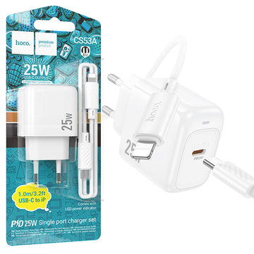 Incarcator Retea Hoco CS53A, PD25W, USB-C + Cablu Lightning, 1m, Fast Charging - Alb