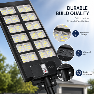 Lampă stradală solară LED 1500W cu telecomandă, senzor de mișcare, panou solar, protecție IP67, negru
