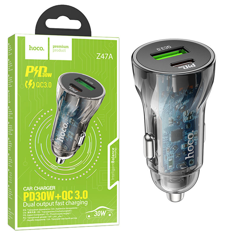 Hoco (Z47A) - Incarcator Auto, 30W, 1xUSB-C, 1xUSB-A, PD, QC 3.0, Black
