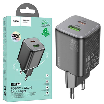 Incarcator Retea Hoco N41, 20W, 1xUSB-C, 1xUSB-A, PD, QC 3.0 - Negru