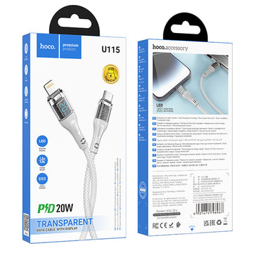 Cablu Date si Incarcare Hoco U115, USB-C la Lightning, PD20W, QC3.0, LED, 1.2m - Gri