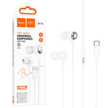 Casti cu Fir Hoco M116, InEar, USB-C, 1.2m Cablu - Alb