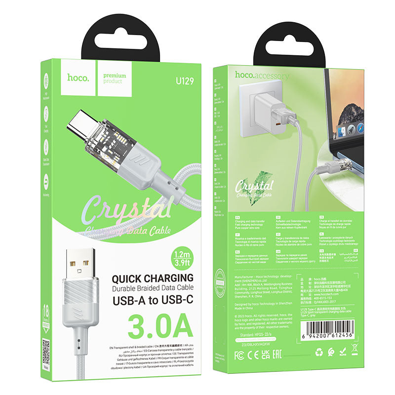 Cablu Date si Incarcare Hoco U129, USB-A la USB-C, 18W, 3A, Crystal, 1.2m - Gri