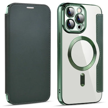 Husa MagFlip pentru iPhone 15 Pro, Magnet, RFID Protect, Piele, Chrome Edge - Verde