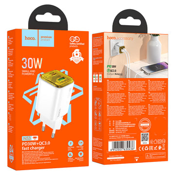 Incarcator Retea Hoco N53, PD30W, 1xUSB-C, 1xUSB-A - Alb