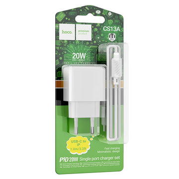 Incarcator Retea + Cablu Lightning Hoco CS13A, 20W, 1xUSB-C, PD - Alb