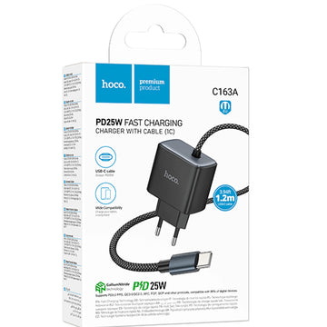 Incarcator Retea + Cablu USB-C Hoco C163A, 25W, 1xUSB-C, QC 3.0 - Negru