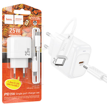 Incarcator Retea Hoco CS53A, PD25W, USB-C + Cablu USB-C, 1m, Fast Charging - Alb