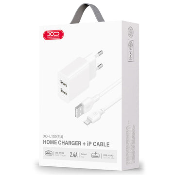 Incarcator Retea + Cablu Lightning XO L109, 2.4A, 2xUSB-A, QC 3.0 - Alb