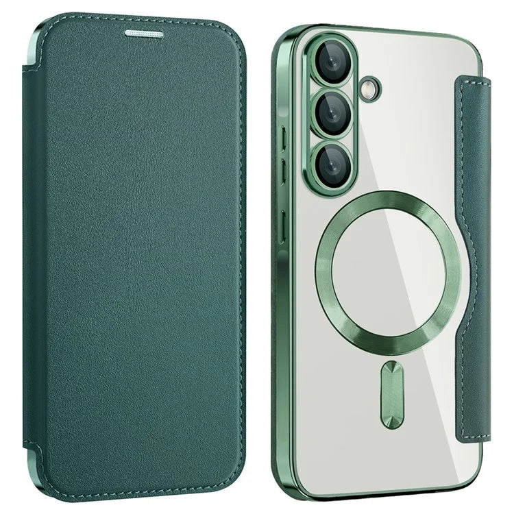 Husa MagFlip - Samsung A36 (A366), Magnet, RFID protect, Leather, Chrome Edge, Green