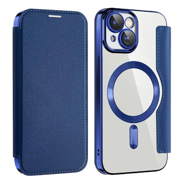 Husa MagFlip pentru iPhone 15, Magnet, RFID Protect, Piele, Chrome Edge - Bleumarin
