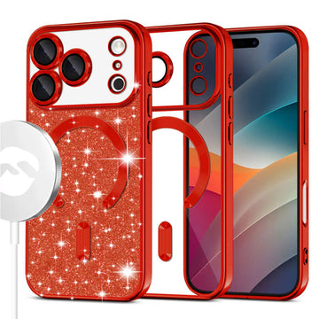 Husa MagSparks pentru iPhone 17 Pro Max, Glitter, Dual Layer, Lens Cover - Rosu