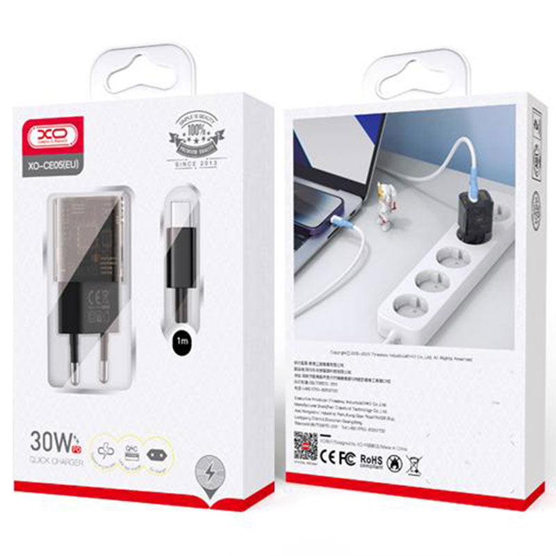 XO (CE05) - Incarcator Retea + Cablu USB-C, 30W, 1xUSB-C, 1xUSB-A, PD, QC 3.0, BROWN
