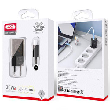 Incarcator Retea + Cablu USB-C XO CE05, 30W, 1xUSB-C, 1xUSB-A, PD, QC 3.0 - Maro