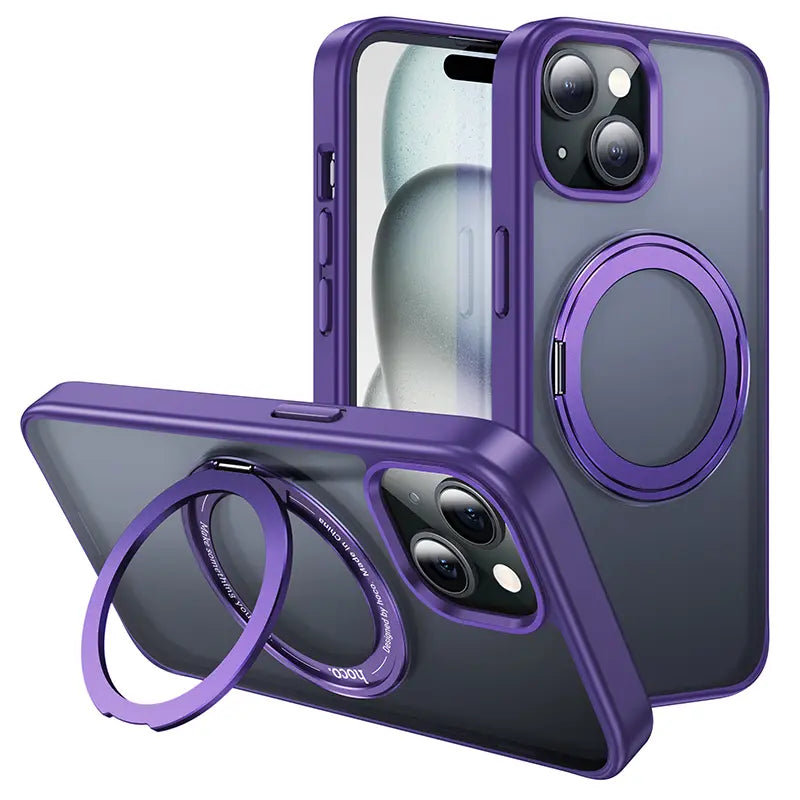 Husa Hoco AS1 pentru iPhone 15 Plus, MagSafe, Ring Stand, Frosted - Mov