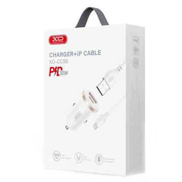 Incarcator Auto + Cablu Lightning XO CC56, 30W, 1xUSB-C, 1xUSB-A, PD, QC 3.0, Compact - Alb