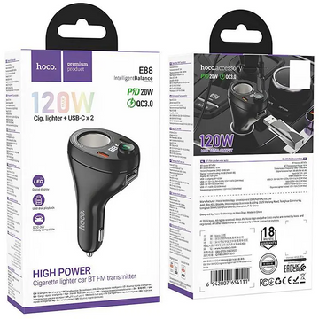 Modulator FM Auto cu Priza Bricheta Hoco E88, BT 5.4, 2x USB-C 35W, USB-A, FastCharge - Negru