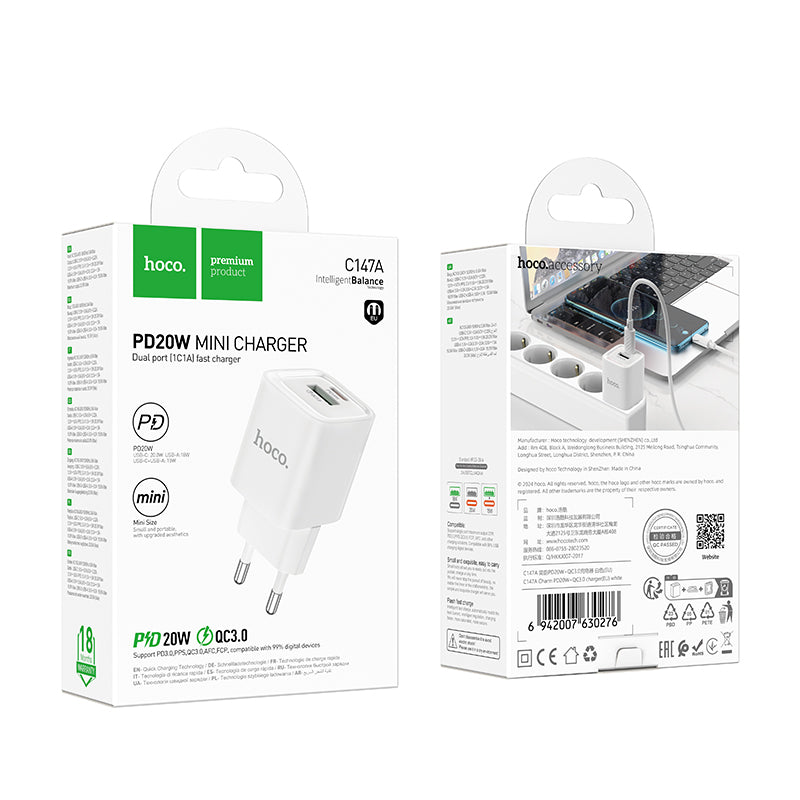 Incarcator Retea Hoco C147A, PD30W, 1xUSB-C, 1xUSB-A - Alb