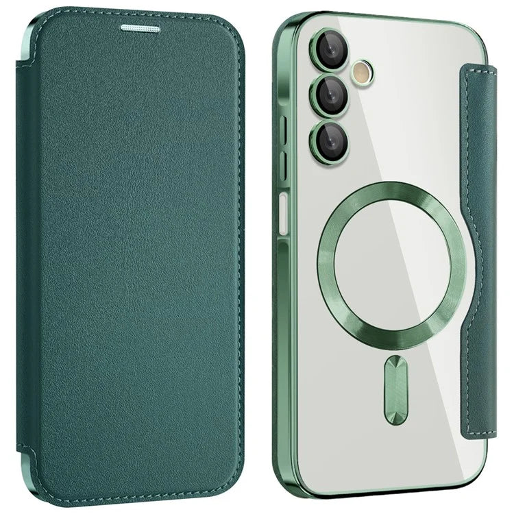 Husa MagFlip - Samsung A15, Magnet, RFID protect, Leather, Chrome Edge, Green