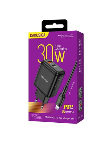 Incarcator Retea + Cablu Lightning Kaku KSC-670, 30W, 1xUSB-C, 1xUSB-A, PD, QC 3.0 - Negru