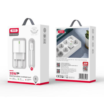 Incarcator Retea + Cablu Lightning XO CE07, 1m, GaN, PD35W, 2xUSB-C - Alb