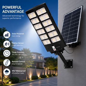 Lampă stradală solară LED 1500W cu telecomandă, senzor de mișcare, panou solar, protecție IP67, negru