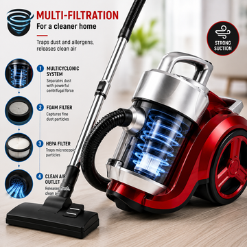 Aspirator fara sac Hoffmans HM-8801, 1800W, sistem multiciclonic, recipient 3L, filtru lavabil, putere reglabila, Rosu-Negru