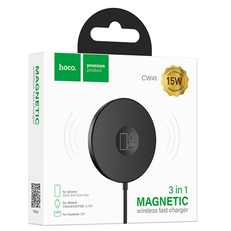 Incarcator Wireless Hoco CW41, MagSafe, 15W, Qi Charging, Magnetic, 3 in 1 - Negru