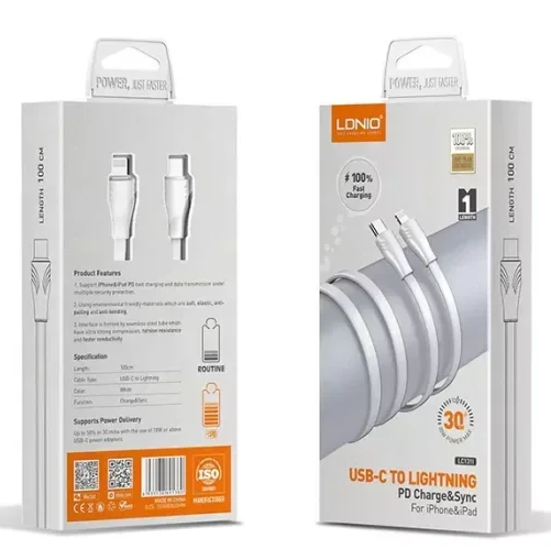Cablu Date si Incarcare Ldnio LC132-I, USB-C la Lightning, 65W, 3A, Fast, 2m - Alb