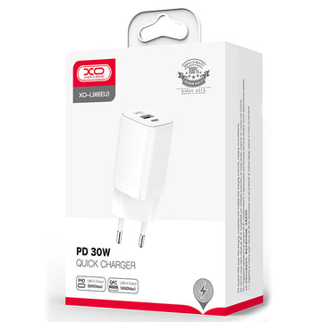Incarcator Retea XO L96, 30W, 1xUSB-C, 1xUSB-A, PD, QC 3.0 - Alb