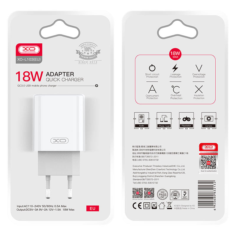 Incarcator Retea XO L103, 18W, 1xUSB-A, QC 3.0 - Alb